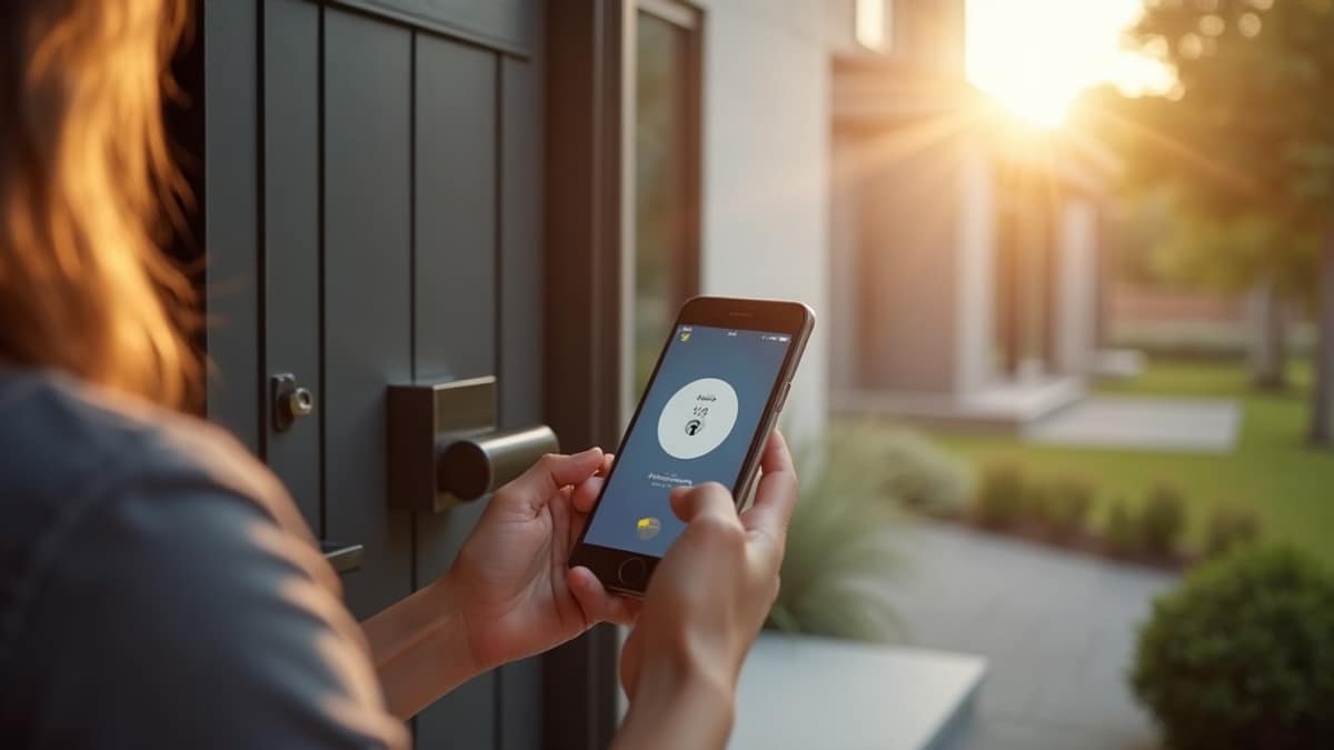 Homeowner installing a smart lock on a front door with a smartphone nearby showing a lock app