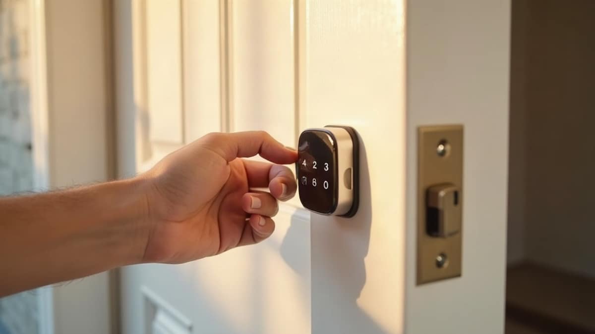 Smart lock installed on a front door with a phone showing a lock app nearby