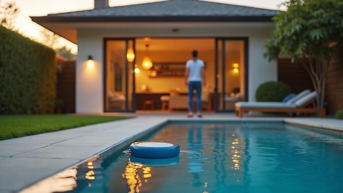A backyard pool with a small floating smart monitor device near the edge on a sunny day