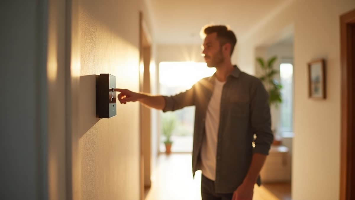 A modern smart thermostat mounted on a living room wall showing a temperature display