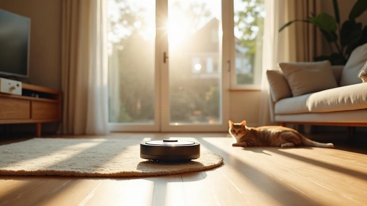 A robot vacuum cleaning a modern living room floor near a smart-home hub display