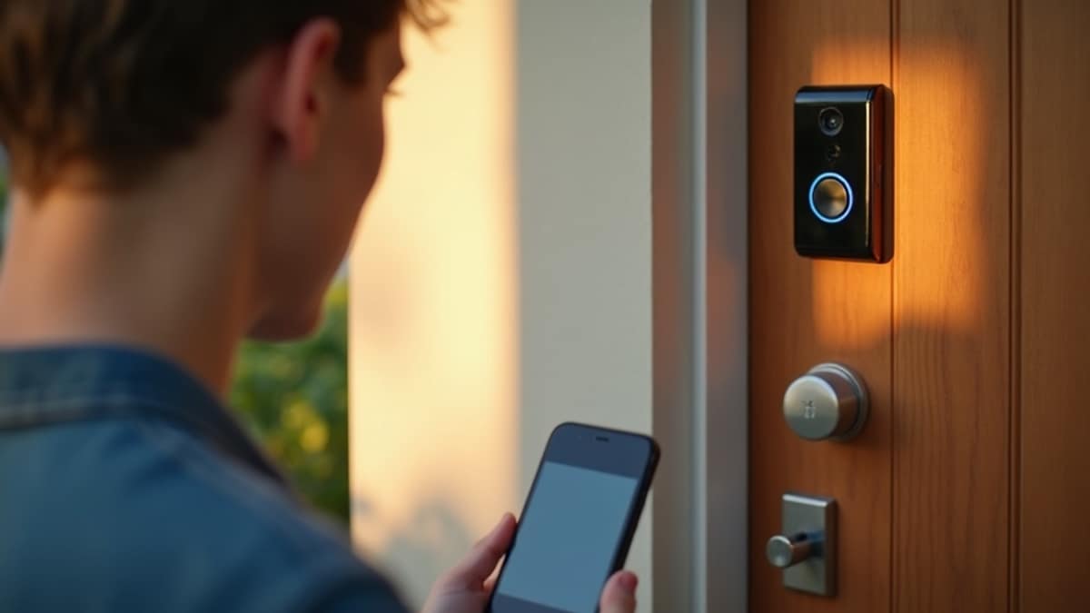 A homeowner comparing a smartphone deal on a laptop next to a professionally installed home security camera