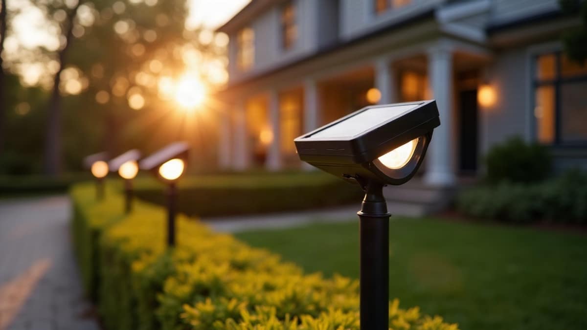 Solar-powered spotlights illuminating a home's front yard landscaping at dusk