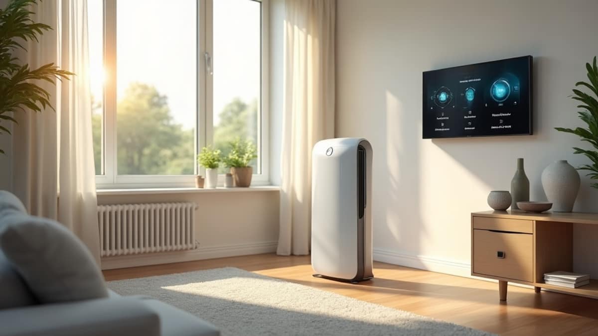 A modern living room with an air purifier and a smart home control panel on the wall
