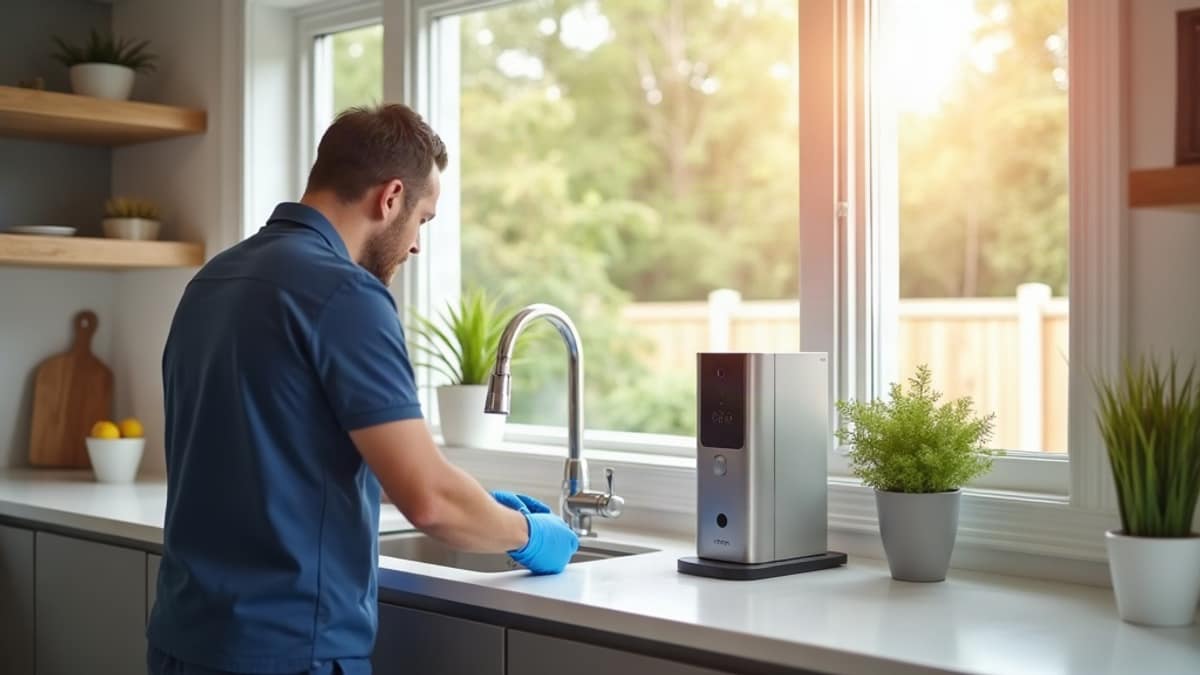 A modern kitchen countertop with a water filter pitcher next to a smart home security panel, symbolizing connected home living