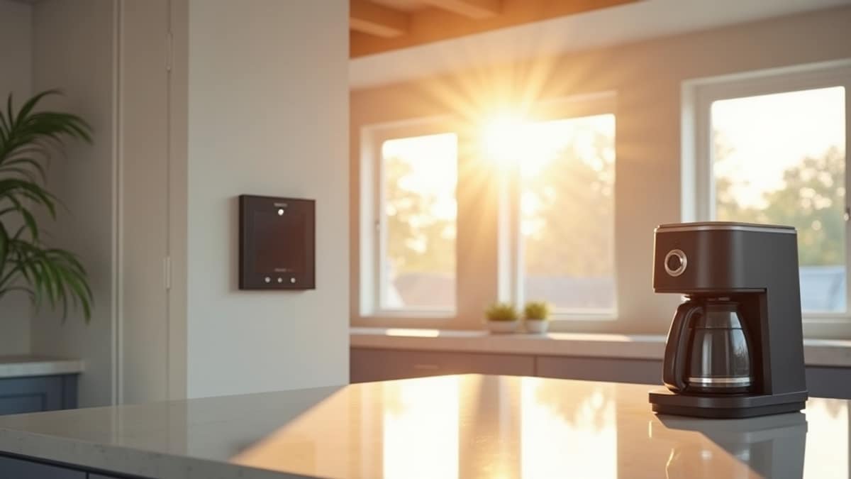 A modern kitchen counter with a coffee maker next to a smart home security panel on the wall