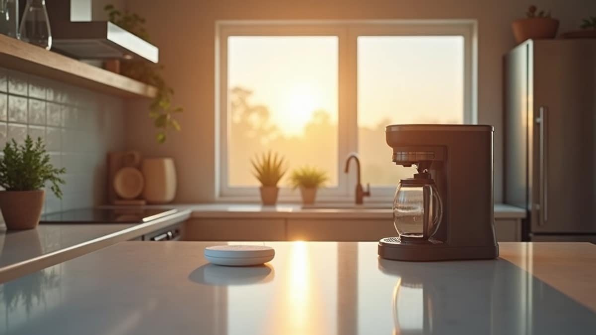 A modern kitchen counter with a coffee maker and smart home devices connected to Wi-Fi