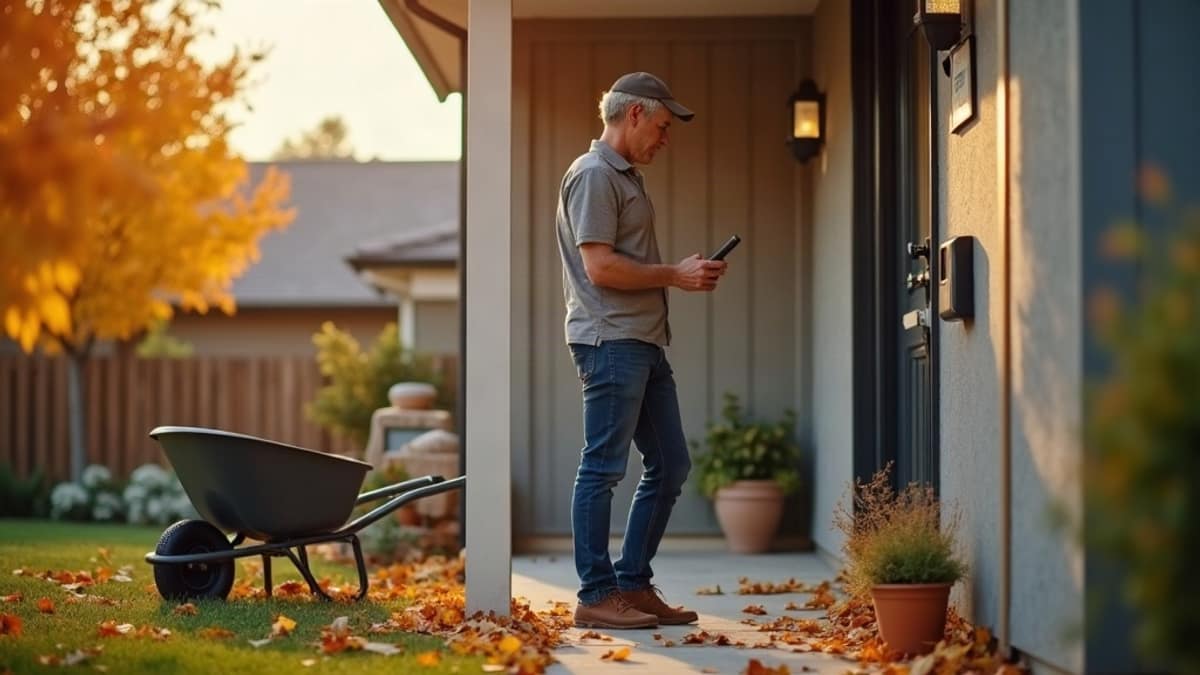 Homeowner doing fall yard cleanup near a house with a visible outdoor security camera mounted above the garage