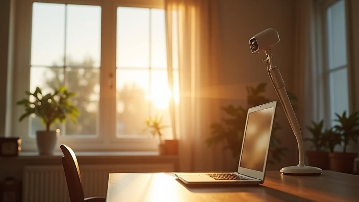 A modern home office with a standing desk, monitor, and a discreet security camera in the background