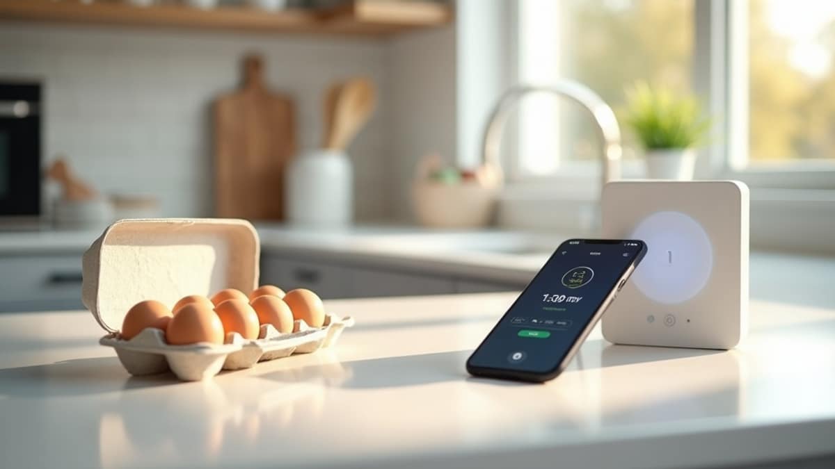 A carton of eggs next to a smart home security panel on a kitchen counter, symbolizing everyday home safety habits
