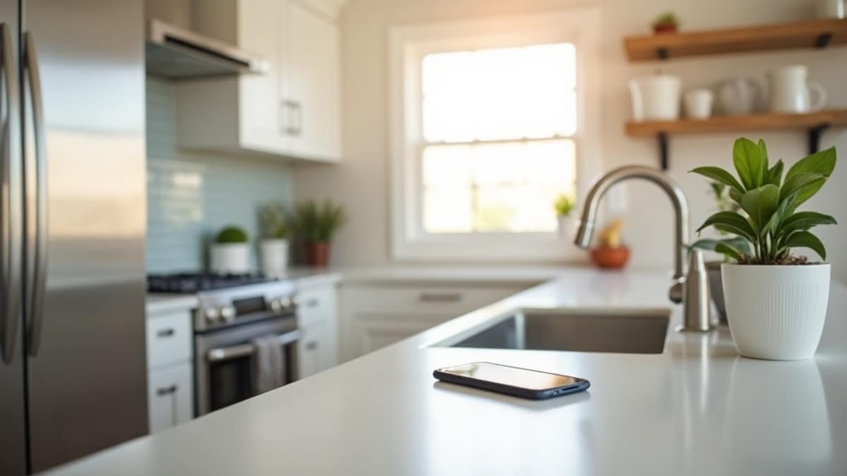 A modern kitchen with a smart dishwasher and a smartphone showing a connected home app on the counter