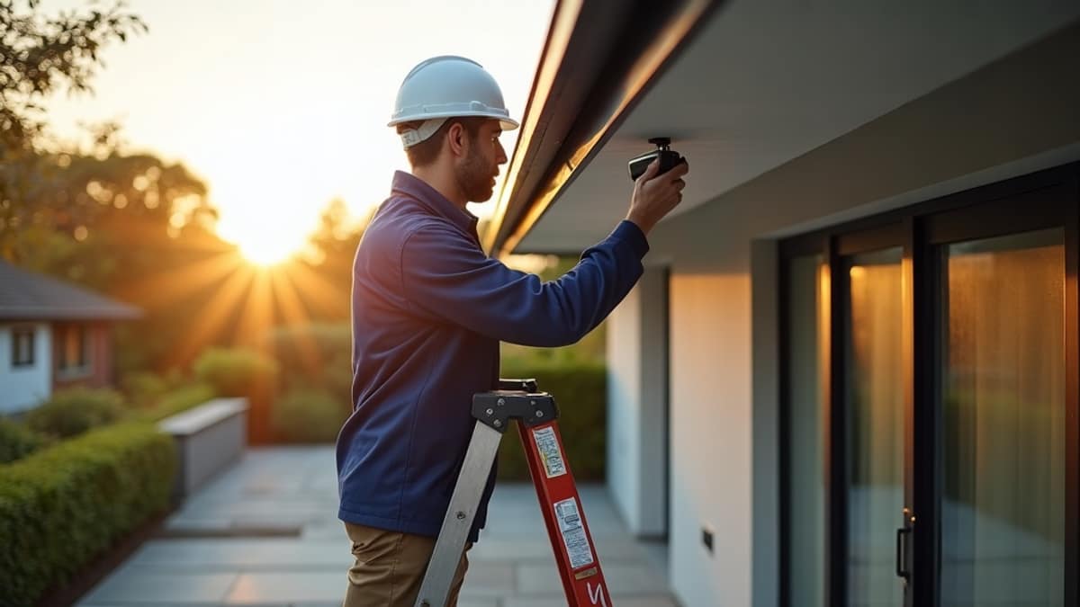 Outdoor security camera mounted on a home exterior covering the front entry and driveway