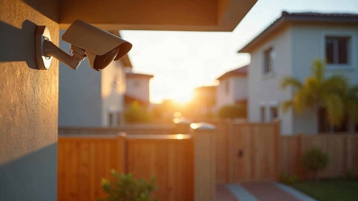 Outdoor security camera mounted on a home exterior angled toward a driveway and front walkway