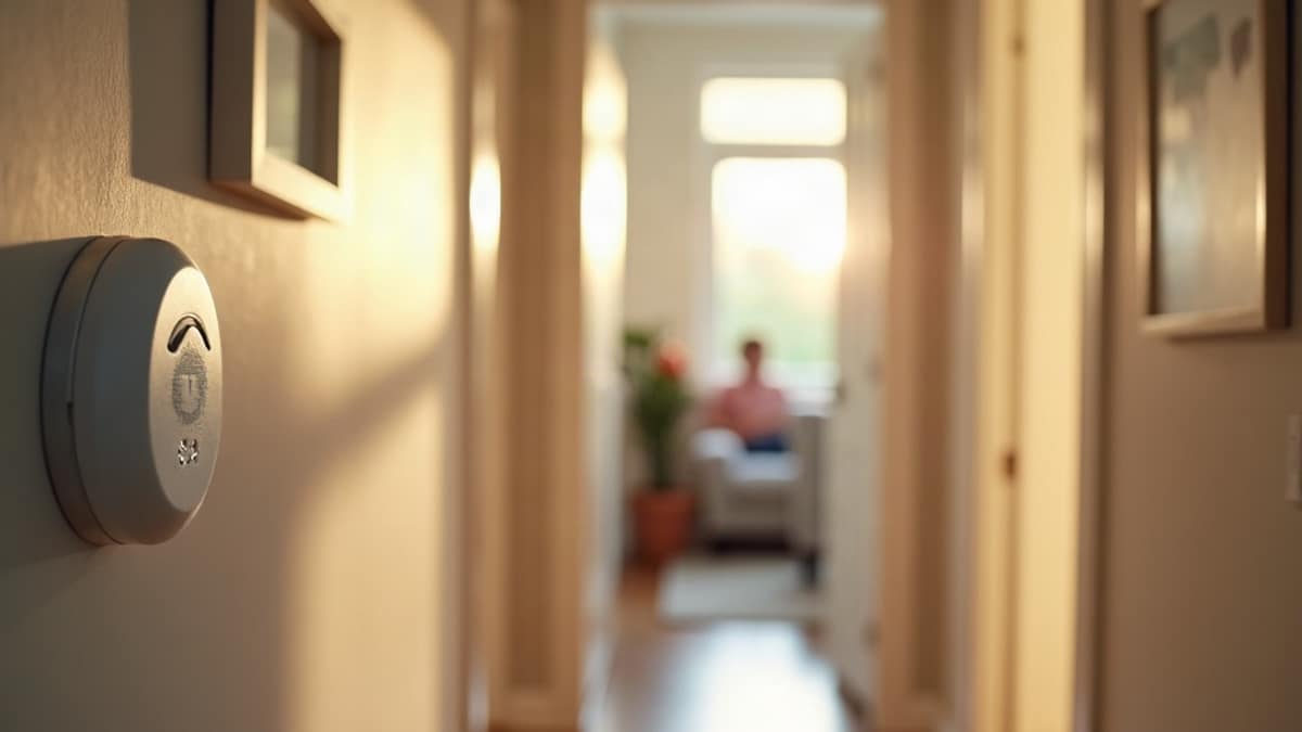 A digital carbon monoxide detector mounted on a home wall near a hallway