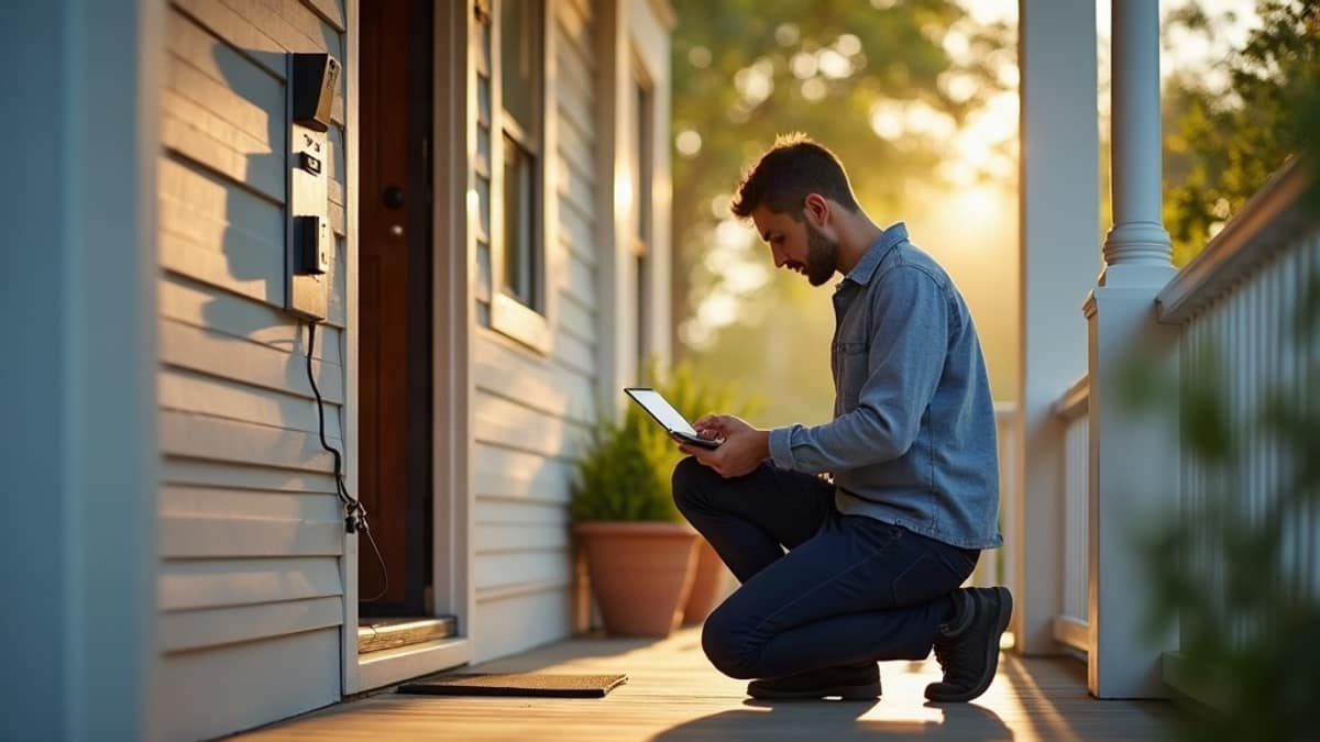 Homeowner comparing home security provider options on a laptop and notepad at a kitchen table