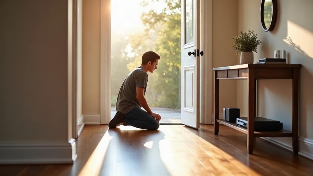 Wireless router and smart home security camera connected in a modern living room