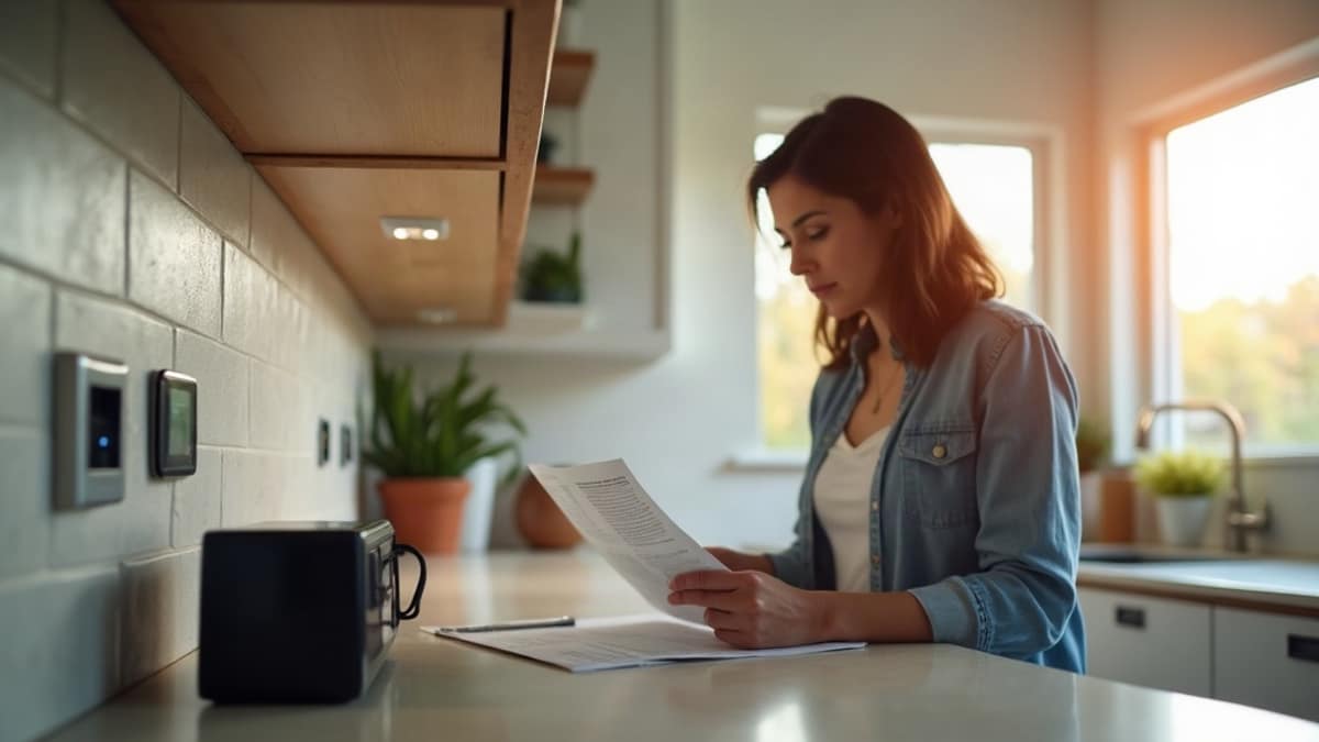 Homeowner reviewing an internet bill next to a router and a smart home security camera on a table